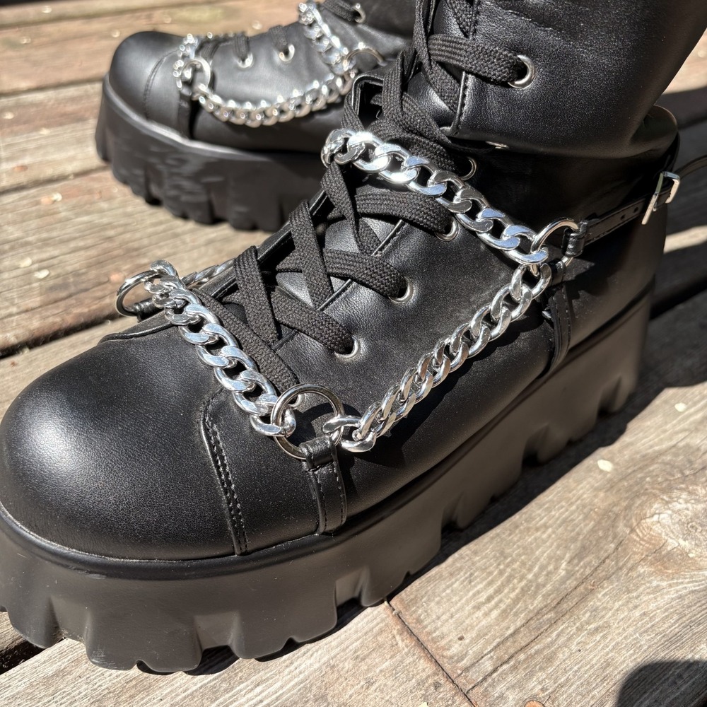 Cape Robbin Emo Stomp Platform Boots Black Chain Y2K Chunky Lace Up Zip Knee 10 - Picture 10 of 13
